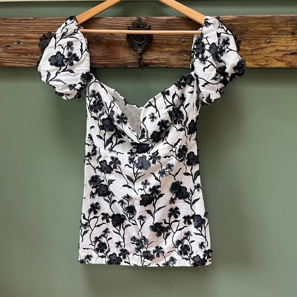 Anthropologie‎ Black White Floral Embroidered Linen Puff Sleeve Top US 14